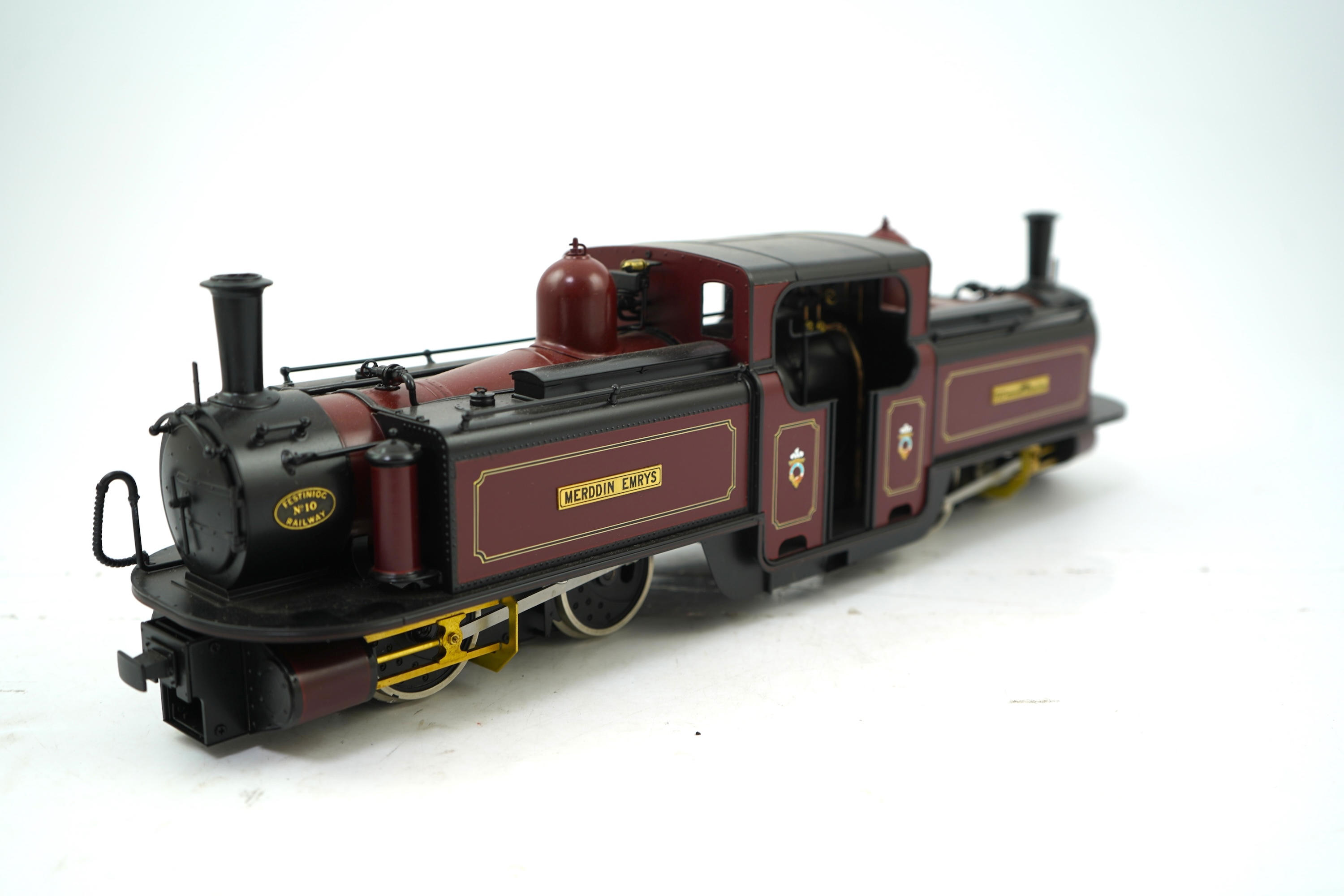 A 16mm scale (running on 32mm rails) commercially produced brass model of Ffestiniog Railway Double Fairlie narrow gauge locomotive Merddin Emrys No.10, powered for two rail operation.